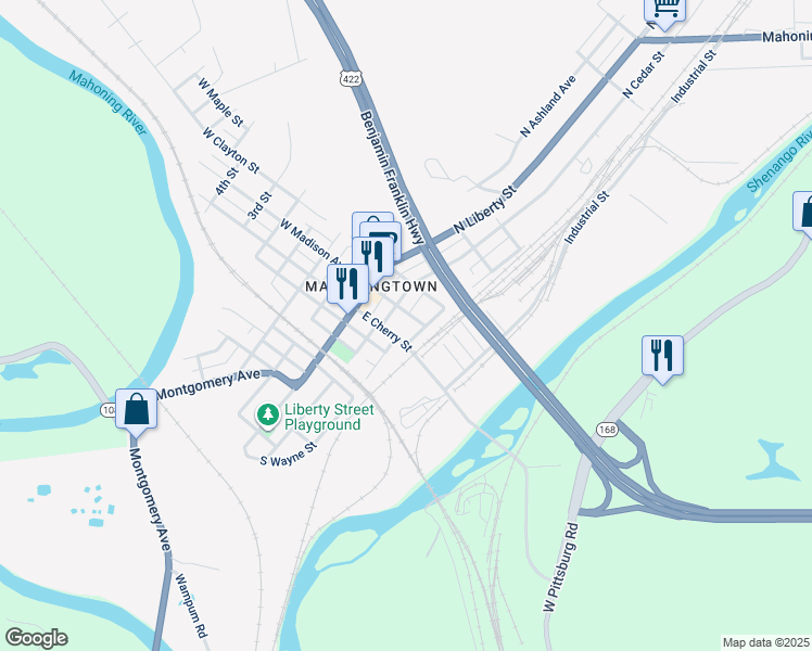 map of restaurants, bars, coffee shops, grocery stores, and more near 102 North Wayne Street in New Castle