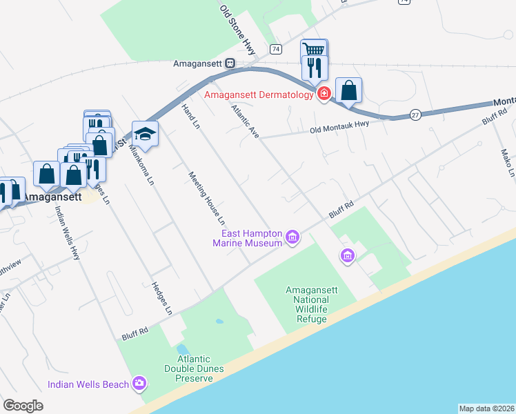 map of restaurants, bars, coffee shops, grocery stores, and more near 114 Hand Lane in Amagansett