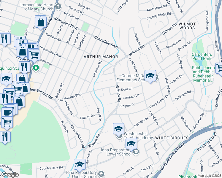 map of restaurants, bars, coffee shops, grocery stores, and more near 5 Old Farm Road in Scarsdale