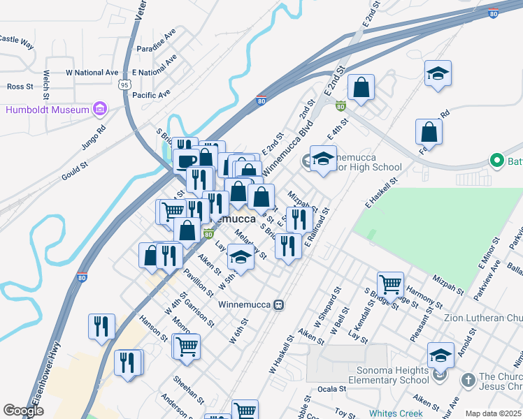 map of restaurants, bars, coffee shops, grocery stores, and more near 426 South Bridge Street in Winnemucca