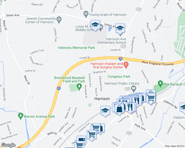 map of restaurants, bars, coffee shops, grocery stores, and more near 105 Bradford Street in Harrison