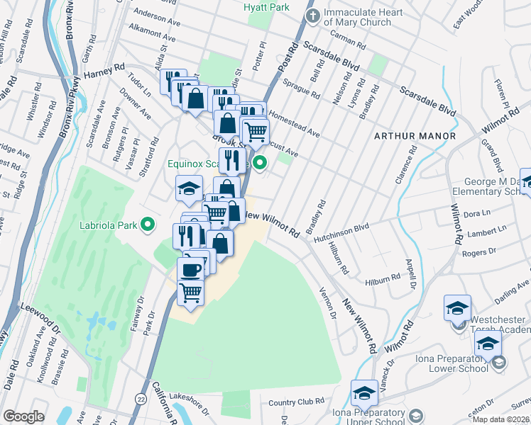 map of restaurants, bars, coffee shops, grocery stores, and more near 25 Webster Road in Scarsdale