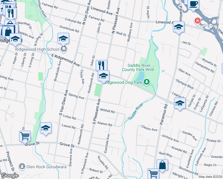 map of restaurants, bars, coffee shops, grocery stores, and more near 45 South Pleasant Avenue in Ridgewood