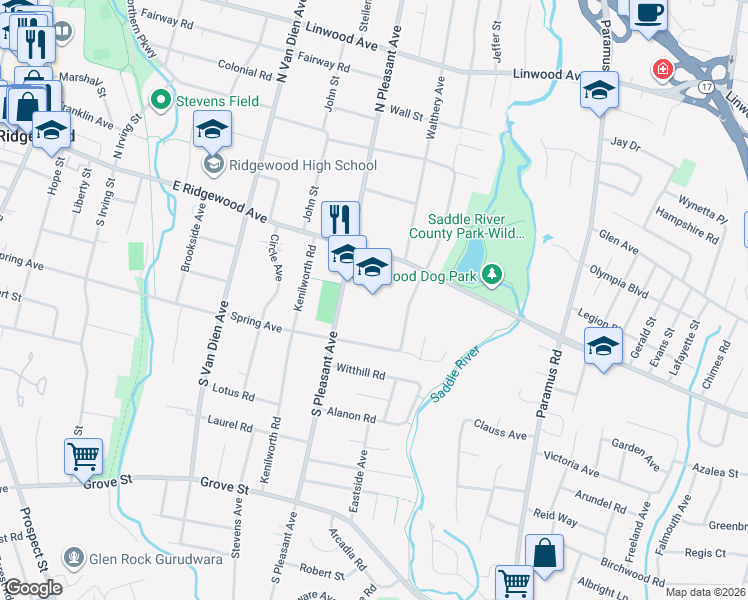 map of restaurants, bars, coffee shops, grocery stores, and more near 45 South Pleasant Avenue in Ridgewood