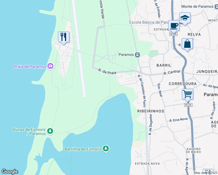 map of restaurants, bars, coffee shops, grocery stores, and more near Rua Lagoa in Espinho