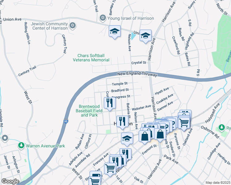 map of restaurants, bars, coffee shops, grocery stores, and more near 91 Temple Street in Harrison