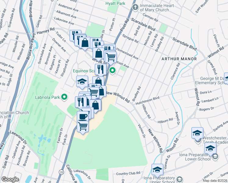 map of restaurants, bars, coffee shops, grocery stores, and more near 25 Webster Road in Scarsdale