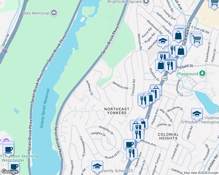 map of restaurants, bars, coffee shops, grocery stores, and more near 166 Newport Road in Yonkers