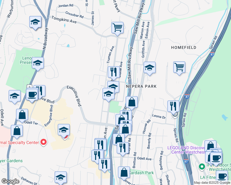 map of restaurants, bars, coffee shops, grocery stores, and more near 113 Clunie Avenue in Yonkers