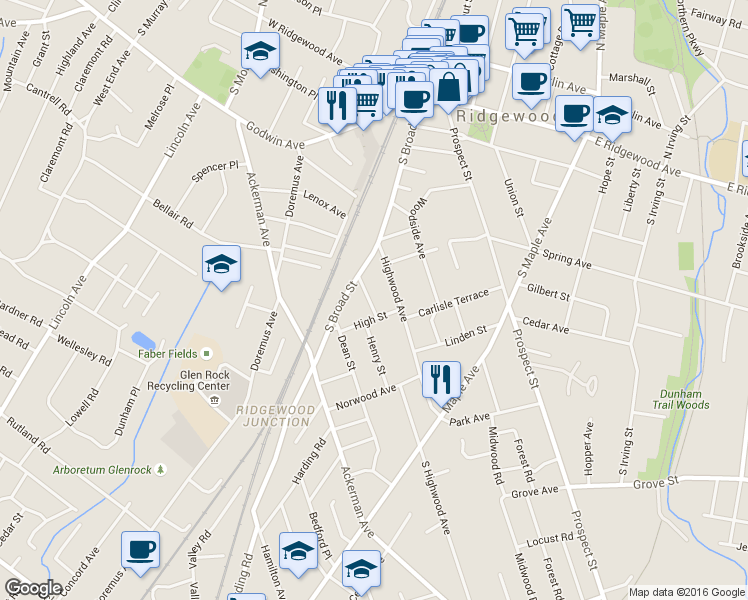 map of restaurants, bars, coffee shops, grocery stores, and more near 253 Edwards Street in Ridgewood