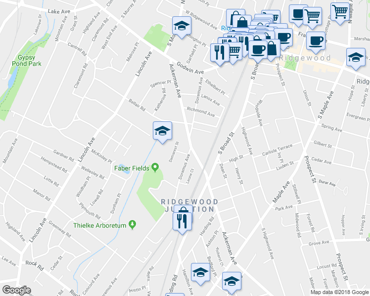 map of restaurants, bars, coffee shops, grocery stores, and more near 222 Doremus Avenue in Ridgewood