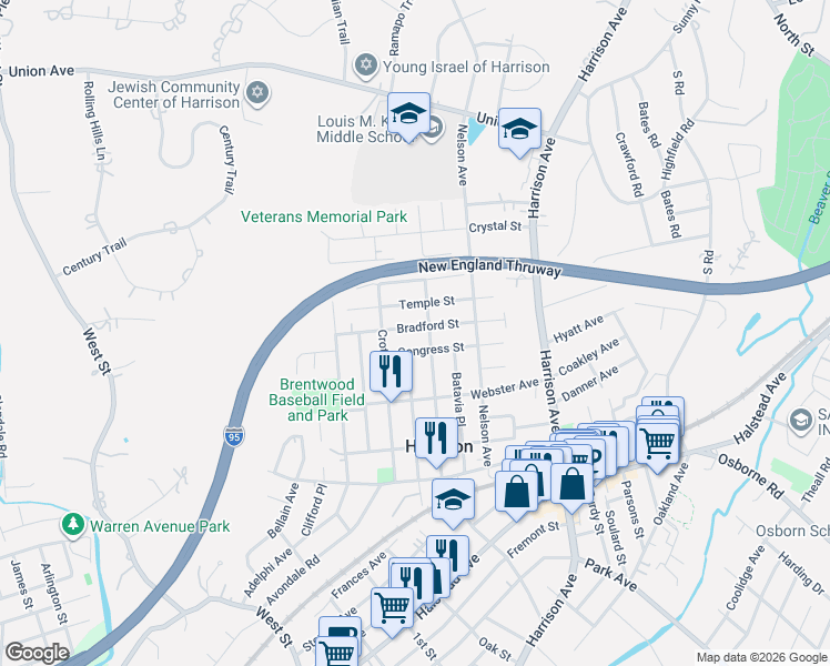 map of restaurants, bars, coffee shops, grocery stores, and more near 91 Temple Street in Harrison