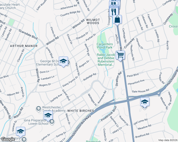 map of restaurants, bars, coffee shops, grocery stores, and more near 187 Waverly Road in Scarsdale