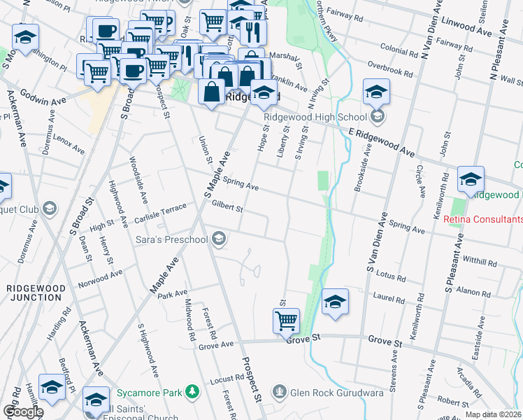 map of restaurants, bars, coffee shops, grocery stores, and more near 371 Gilbert Street in Ridgewood
