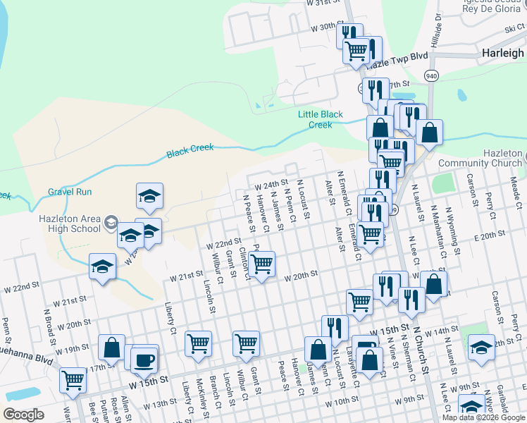 map of restaurants, bars, coffee shops, grocery stores, and more near 1067 Hanover Ct in Hazleton