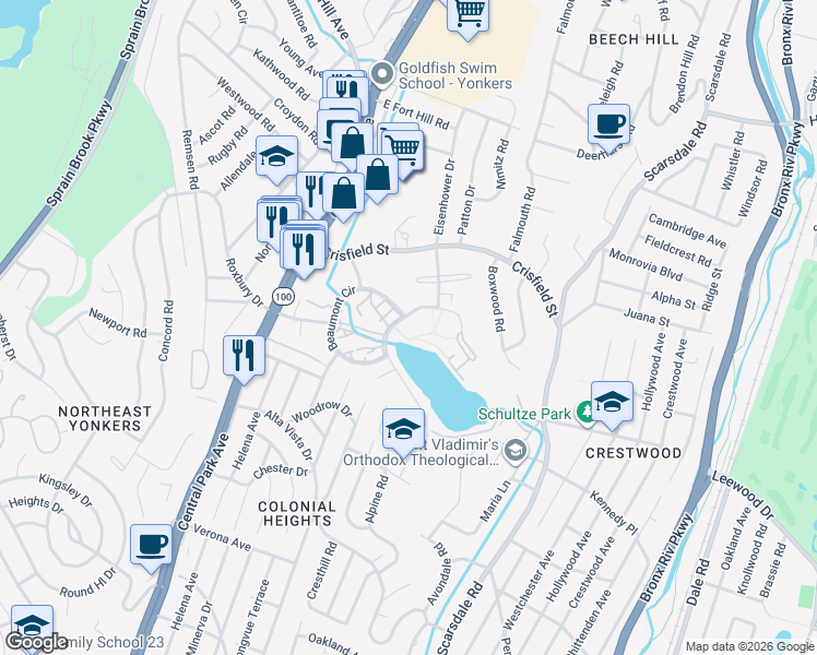 map of restaurants, bars, coffee shops, grocery stores, and more near 90 Beaumont Circle in Yonkers