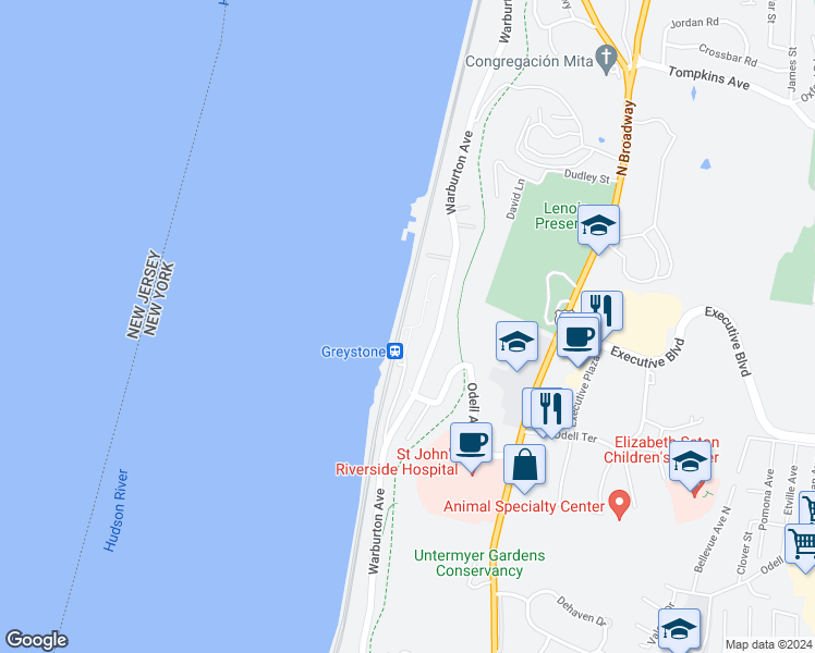 map of restaurants, bars, coffee shops, grocery stores, and more near 1125 Warburton Avenue in Yonkers