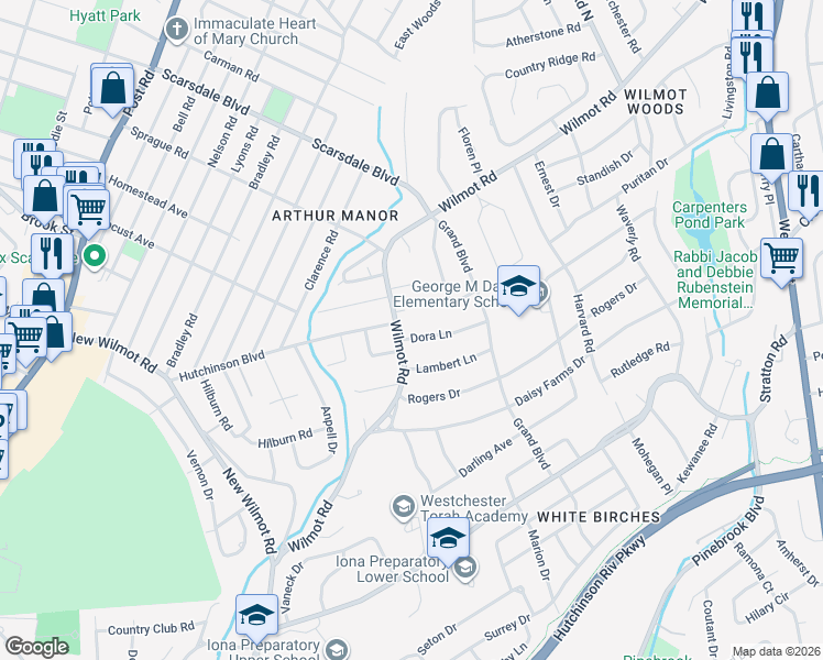 map of restaurants, bars, coffee shops, grocery stores, and more near 647 Wilmot Road in Scarsdale