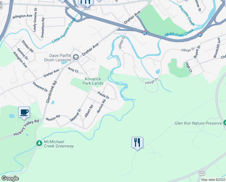 map of restaurants, bars, coffee shops, grocery stores, and more near 123 McMichael Drive in Stroudsburg