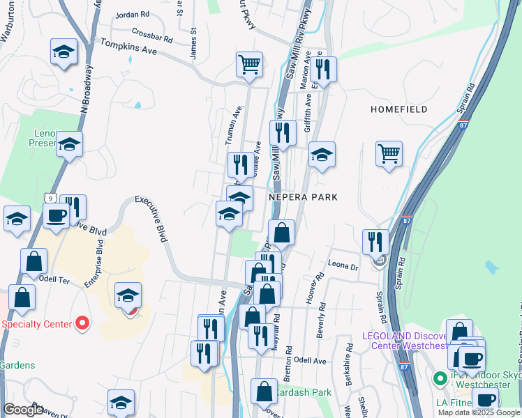 map of restaurants, bars, coffee shops, grocery stores, and more near 49 Nepera Place in Yonkers