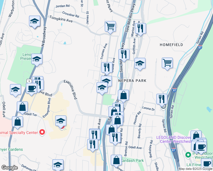 map of restaurants, bars, coffee shops, grocery stores, and more near 113 Clunie Avenue in Yonkers