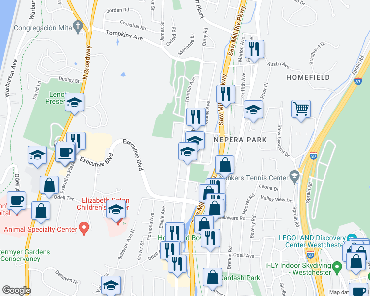 map of restaurants, bars, coffee shops, grocery stores, and more near 177 Truman Avenue in Yonkers