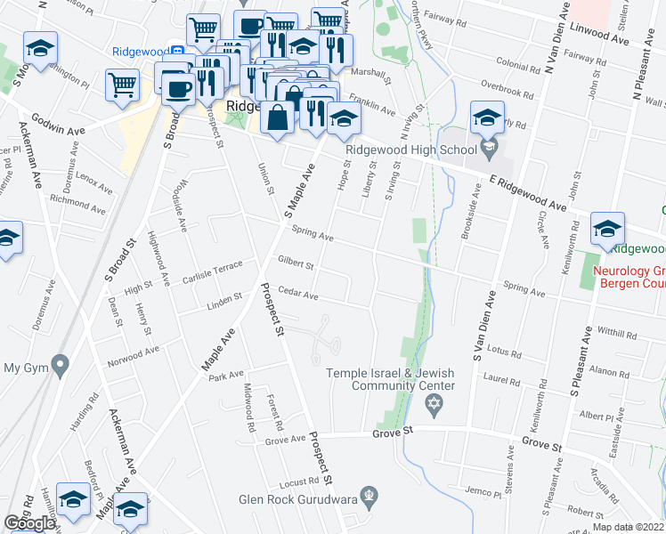 map of restaurants, bars, coffee shops, grocery stores, and more near 219 Hope Street in Ridgewood