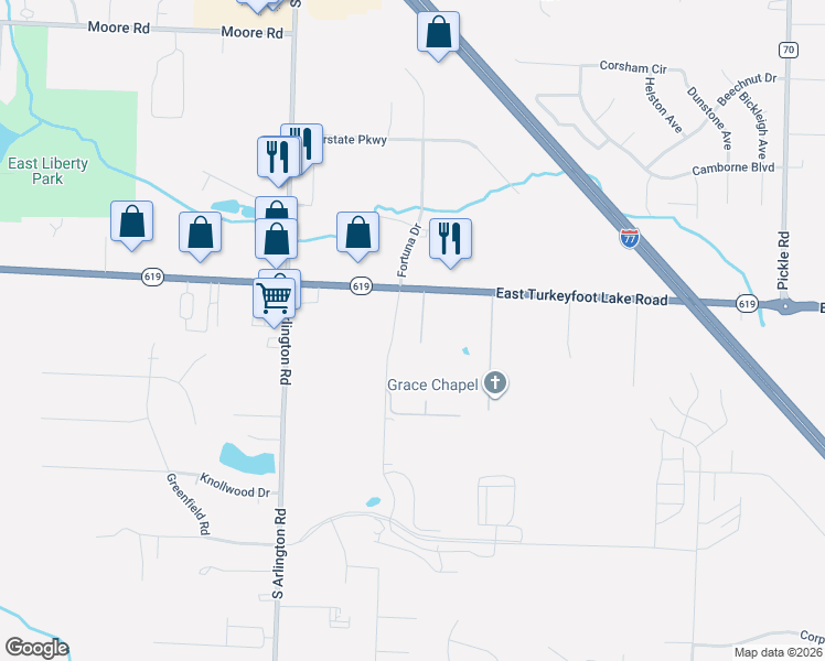map of restaurants, bars, coffee shops, grocery stores, and more near 972 East Turkeyfoot Lake Road in Uniontown