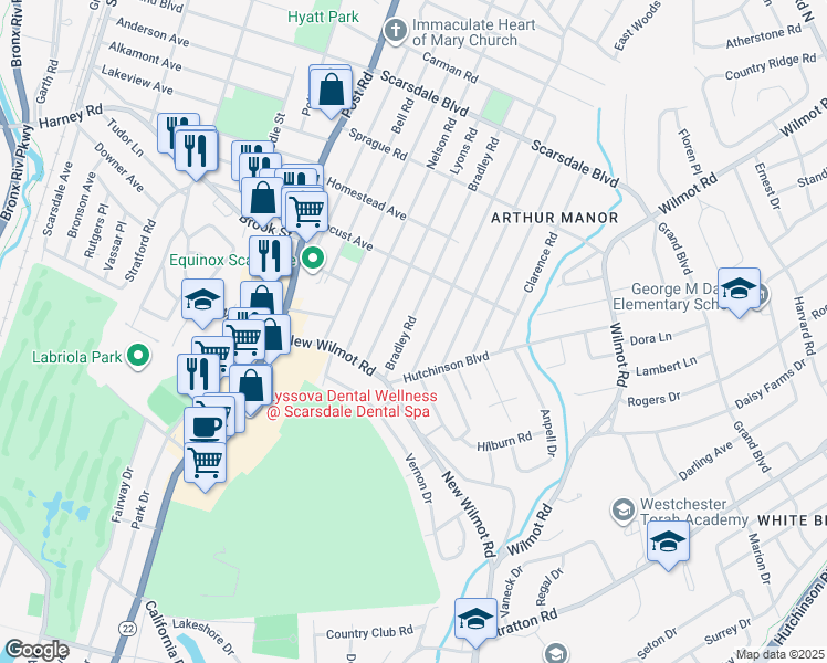 map of restaurants, bars, coffee shops, grocery stores, and more near 57 Bradley Road in Scarsdale