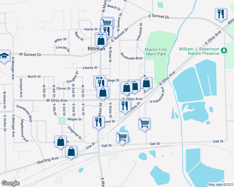 map of restaurants, bars, coffee shops, grocery stores, and more near 38 North State Street in Rittman
