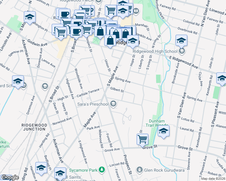 map of restaurants, bars, coffee shops, grocery stores, and more near 329 Gilbert Street in Ridgewood