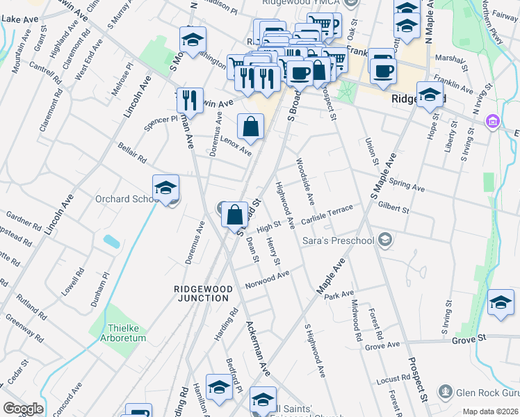 map of restaurants, bars, coffee shops, grocery stores, and more near 253 Edwards Street in Ridgewood