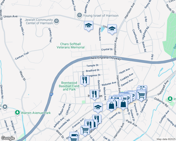 map of restaurants, bars, coffee shops, grocery stores, and more near 91 Temple Street in Harrison