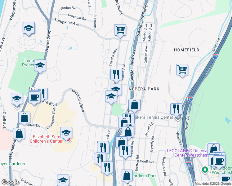 map of restaurants, bars, coffee shops, grocery stores, and more near 113 Clunie Avenue in Yonkers