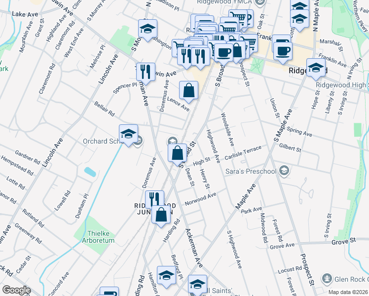 map of restaurants, bars, coffee shops, grocery stores, and more near 346 South Broad Street in Ridgewood