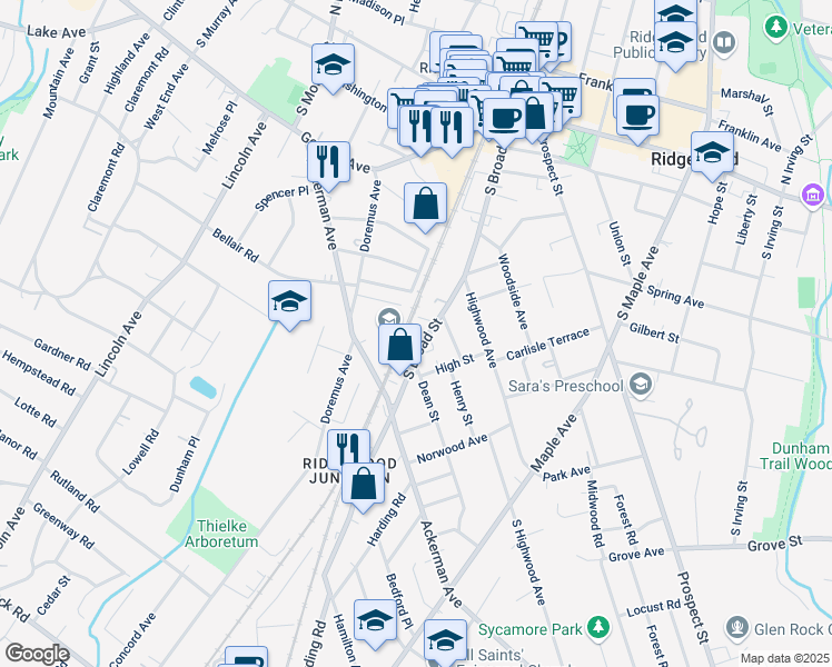 map of restaurants, bars, coffee shops, grocery stores, and more near 346 South Broad Street in Ridgewood