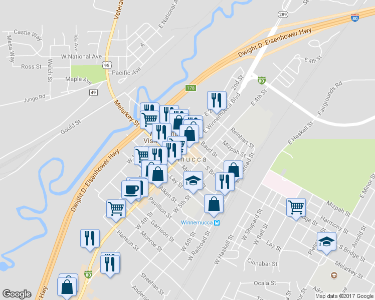 map of restaurants, bars, coffee shops, grocery stores, and more near 2 West Winnemucca Boulevard in Winnemucca