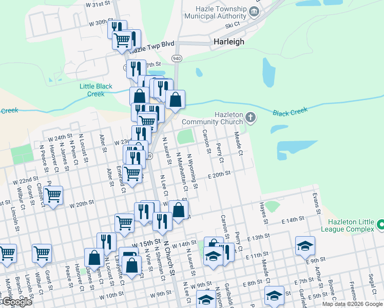 map of restaurants, bars, coffee shops, grocery stores, and more near 2-36 West 22nd Street in Luzerne County