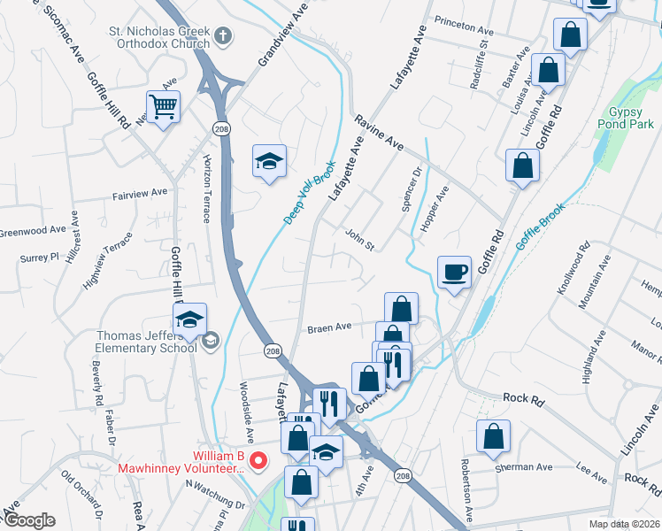 map of restaurants, bars, coffee shops, grocery stores, and more near 1057 Lafayette Avenue in Hawthorne