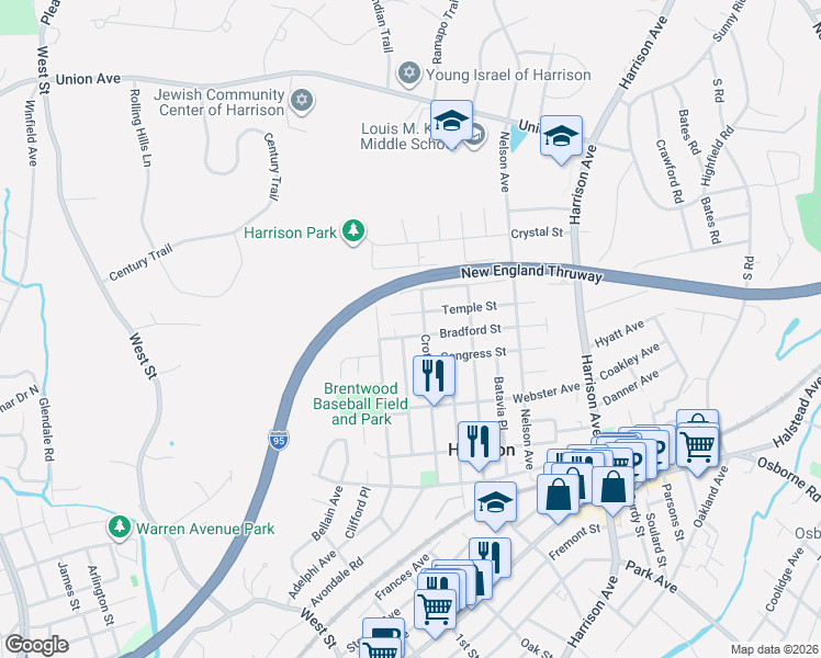 map of restaurants, bars, coffee shops, grocery stores, and more near 119 Temple Street in Harrison
