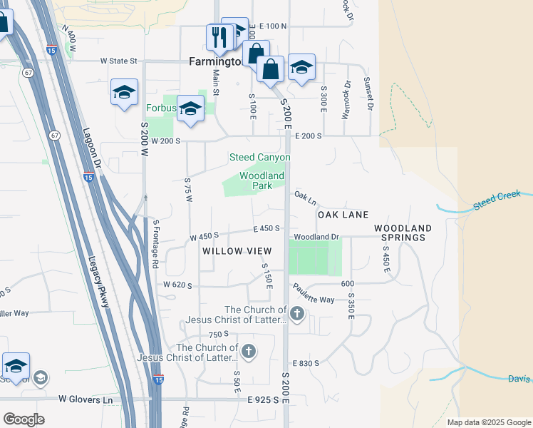 map of restaurants, bars, coffee shops, grocery stores, and more near 142 West 400 South in Farmington