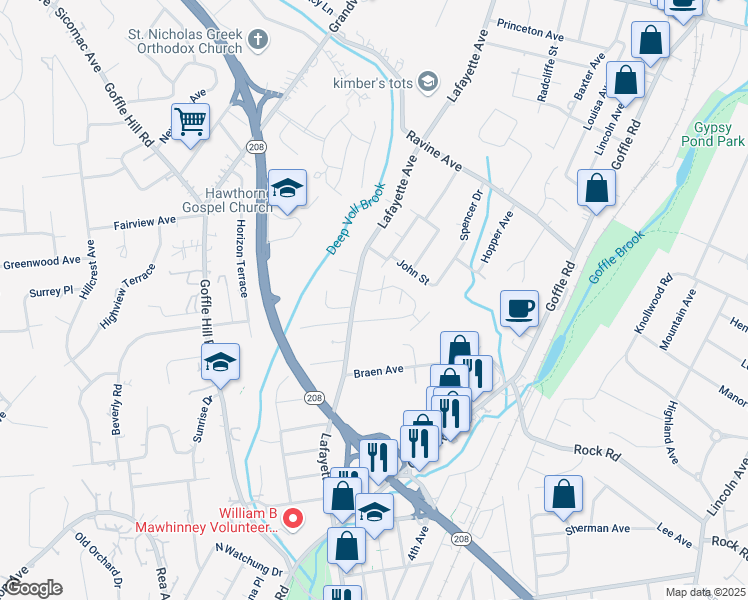 map of restaurants, bars, coffee shops, grocery stores, and more near 1057 Lafayette Avenue in Hawthorne