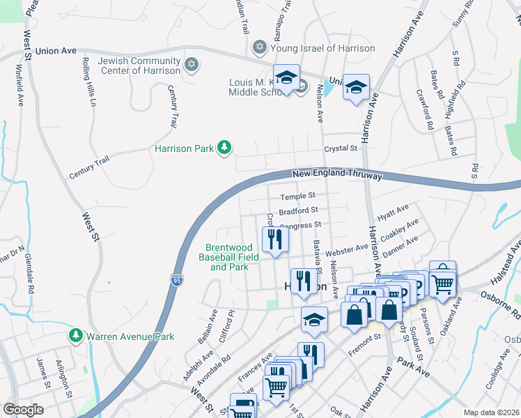 map of restaurants, bars, coffee shops, grocery stores, and more near 119 Temple Street in Harrison