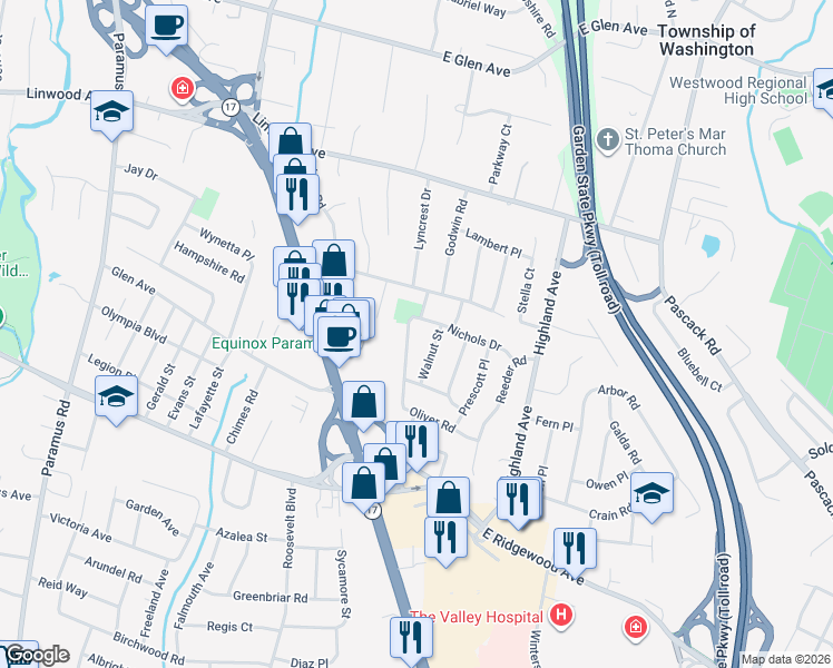 map of restaurants, bars, coffee shops, grocery stores, and more near 56 Nichols Drive in Paramus