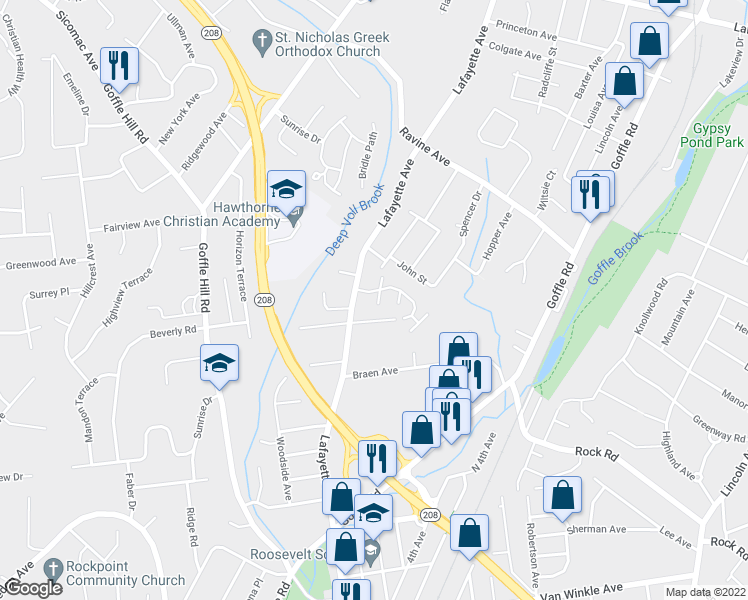 map of restaurants, bars, coffee shops, grocery stores, and more near 1057 Lafayette Avenue in Hawthorne
