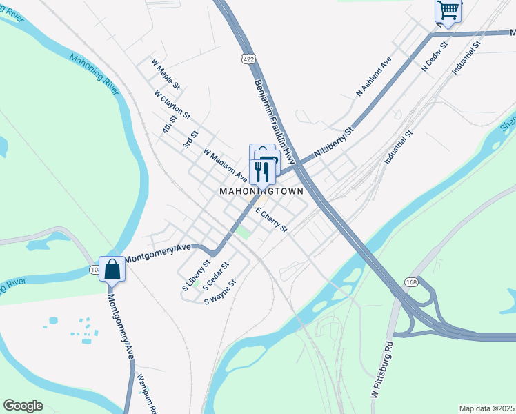 map of restaurants, bars, coffee shops, grocery stores, and more near 205 North Liberty Street in New Castle