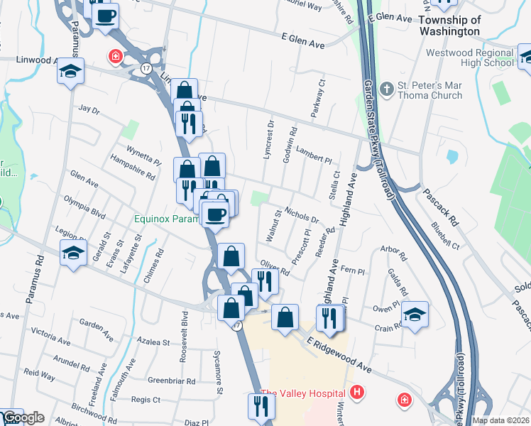 map of restaurants, bars, coffee shops, grocery stores, and more near 56 Nichols Drive in Paramus