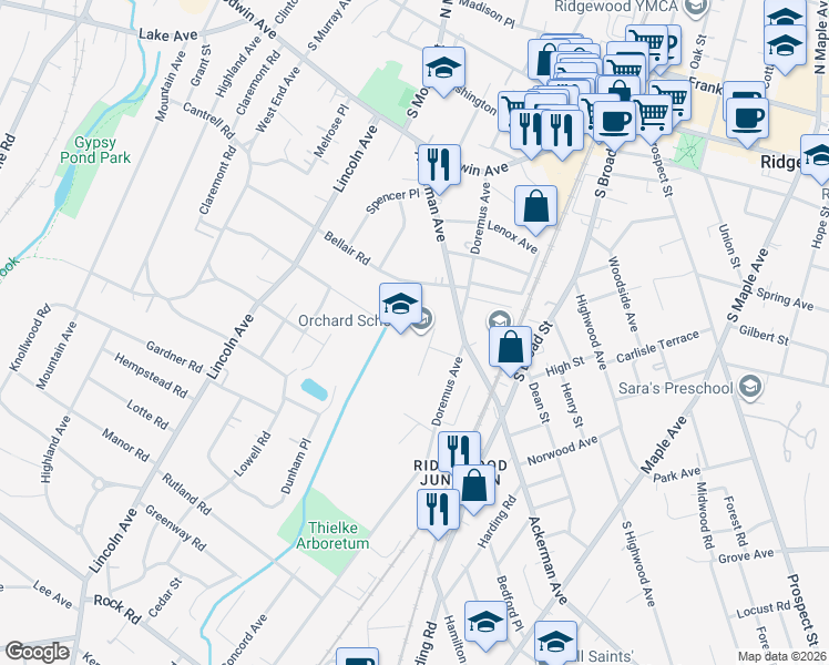 map of restaurants, bars, coffee shops, grocery stores, and more near 230 Demarest Street in Ridgewood