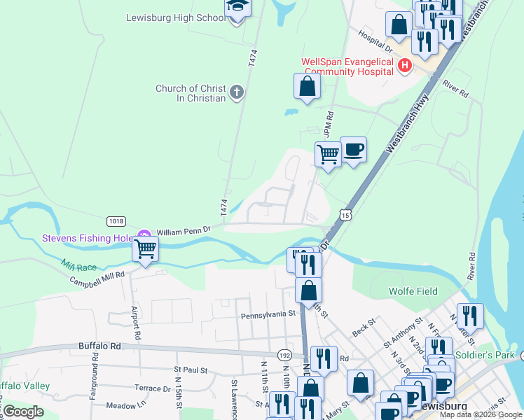 map of restaurants, bars, coffee shops, grocery stores, and more near 310 Birchtree Ln in Lewisburg