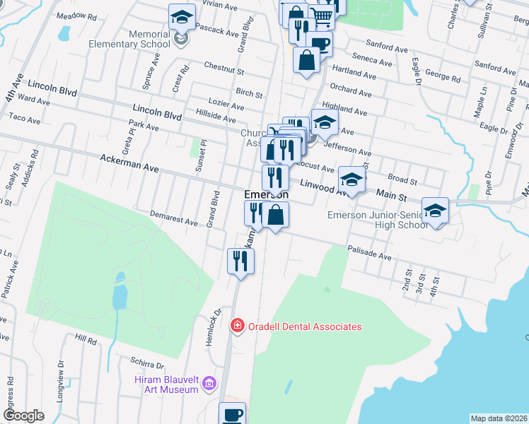 map of restaurants, bars, coffee shops, grocery stores, and more near 111 Kinderkamack Road in Emerson